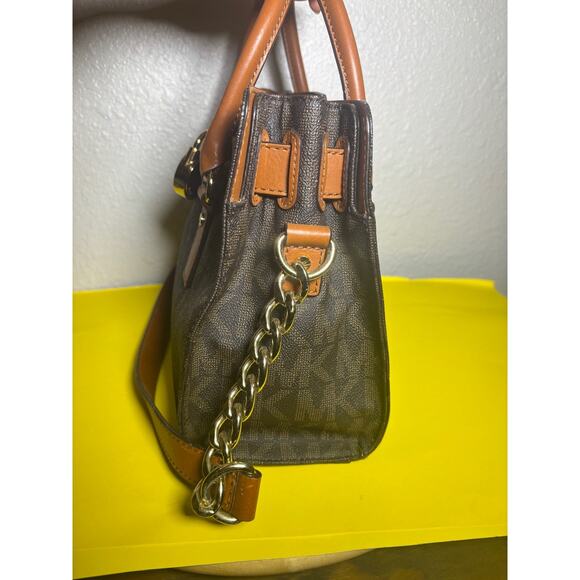 Michael Kors Hamilton Brown Monogram Logo Large Satchel Tote Bag Gold Hardware - Picture 4 of 11